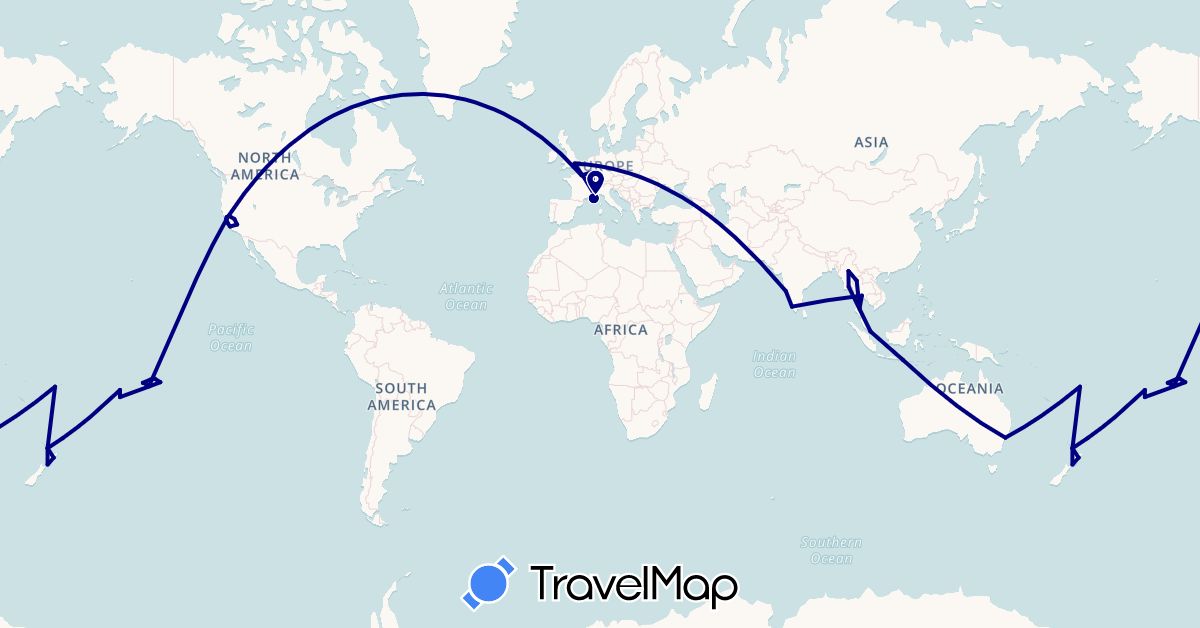 TravelMap itinerary: driving in Australia, Cook Islands, Fiji, France, United Kingdom, Indonesia, India, Luxembourg, Myanmar (Burma), New Zealand, Singapore, Thailand, United States (Asia, Europe, North America, Oceania)